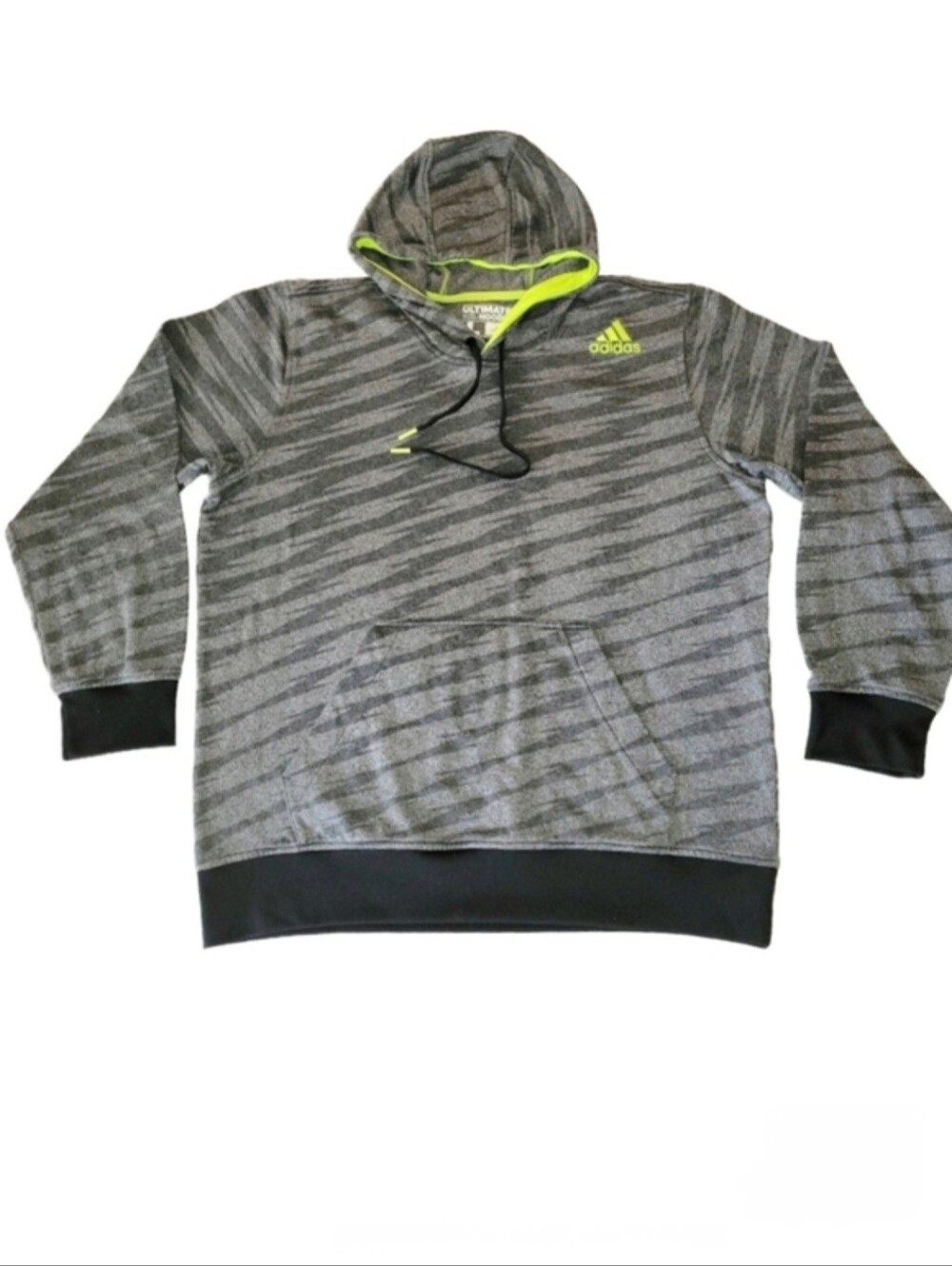 Adidas Ultimate Pullover Hoodie Gray Zigzag & Lime Green Accents Size Large